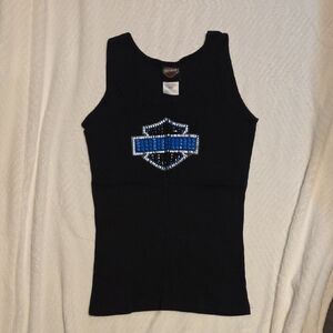 Womans Black Tank Top with Blue Logo
